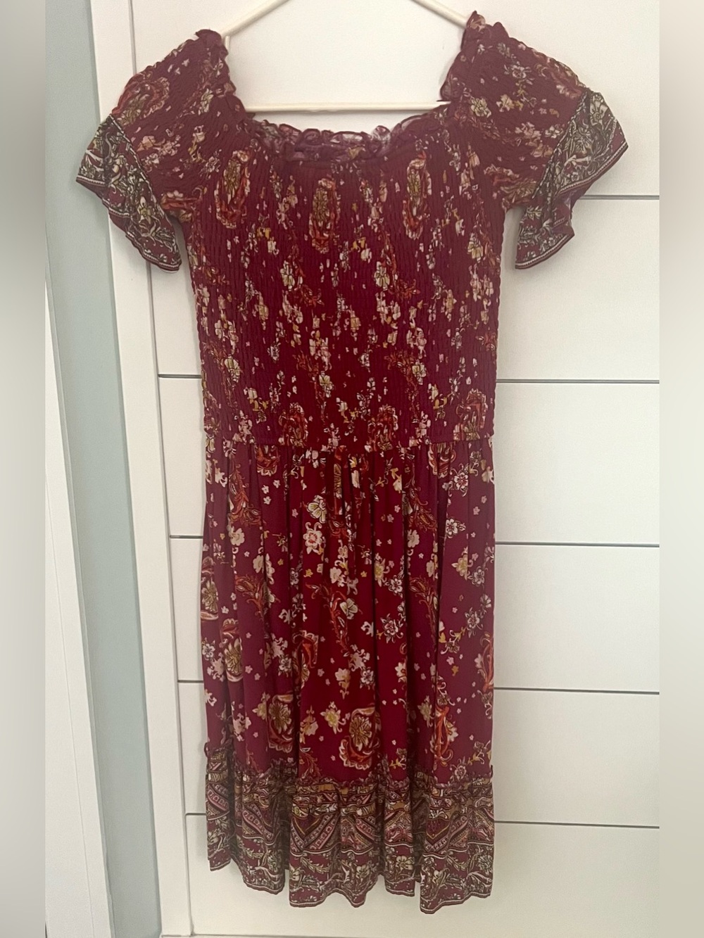 Burgundy Floral Smocked Midi Dress